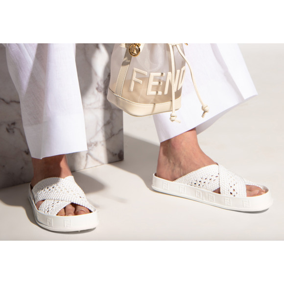 Fendi White Criss Cross Woven Logo Mule Slide Slip On Flat Flip Flop Sandal 37 - Picture 5 of 12